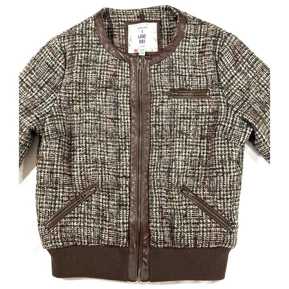 Forever 21 I Love H81 Tweed Bomber Jacket M Brown Faux Leather Zip Plaid Lined - Picture 2 of 10